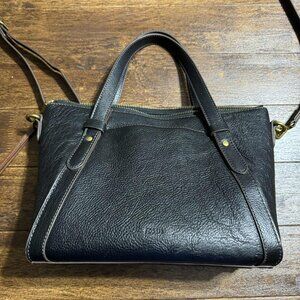 Fossil Avondale Black Leather Satchel Handbag Brass Hardware Excellent